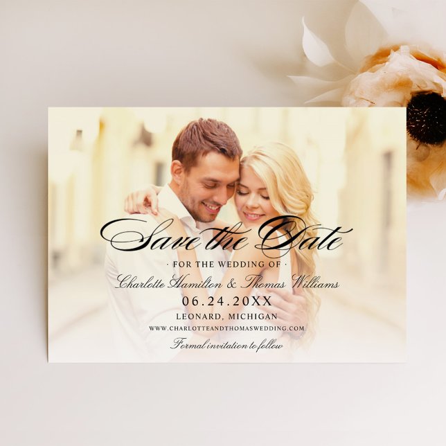 Elegant Black Script Overlay Wedding Photo Save The Date (Creator Uploaded)