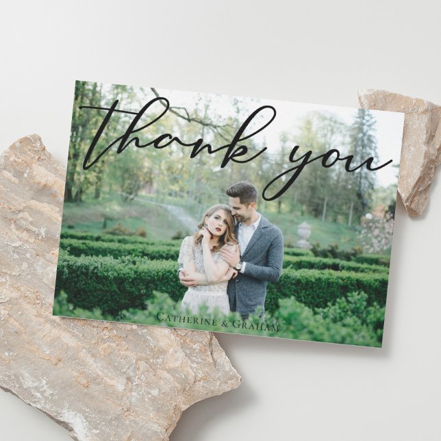 Elegant Black Script Overlay Wedding Photo Thank You Card (Creator Uploaded)