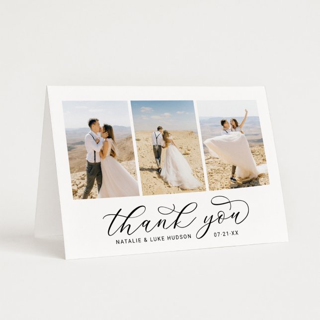 Elegant Black Script Personalised 3 Photo Wedding Thank You Card (Creator Uploaded)