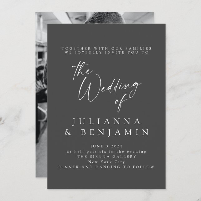 Elegant Black Script Photo Classic Wedding Invitation (Front/Back)