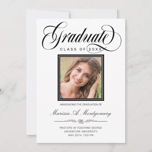  Elegant Black Script Photo College Graduation Announcement (Front)
