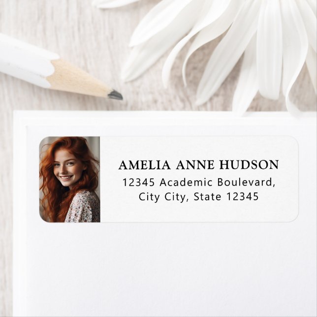 Elegant Black Script Photo Return Address Label (Insitu)