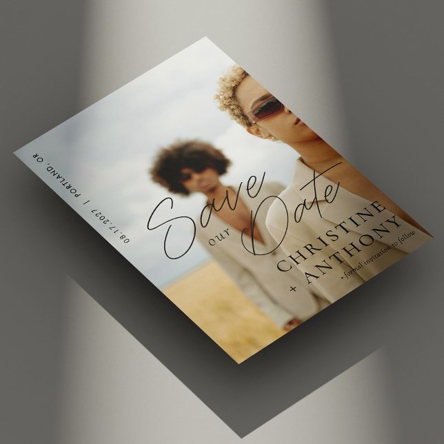 Elegant Black Script Photo Save The Date Card (Personalized Elegant Black Script Photo Save The Date Card)