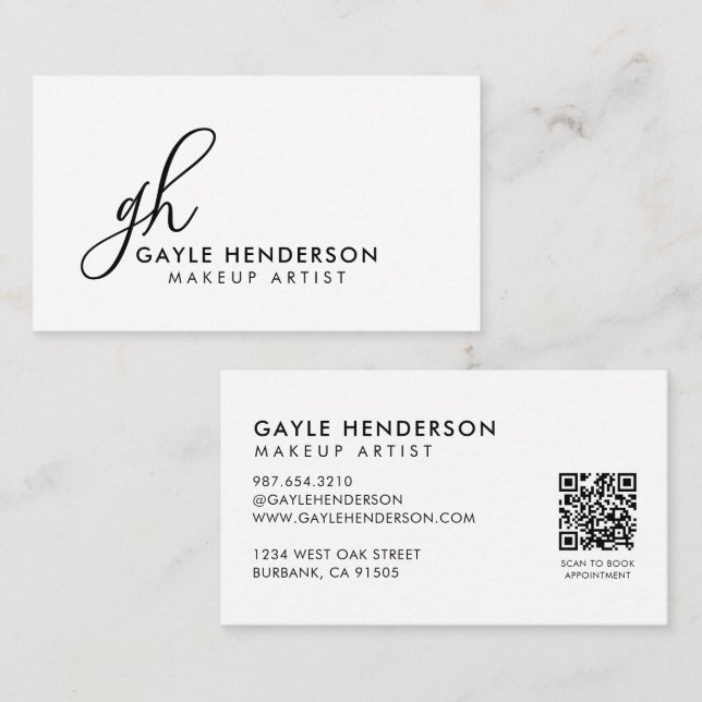 Elegant Black Script QR Code Monogram Makeup Business Card (Front/Back)