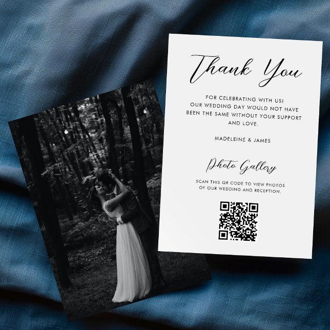 Elegant Black Script QR Code Photo Gallery Wedding Thank You Card (Creator Uploaded)