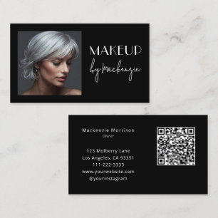 Elegant Black Script QR Code Photo Makeup Business Card