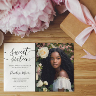 Elegant Black Script Sweet 16 Birthday Photo Invitation