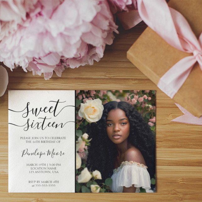 Elegant Black Script Sweet 16 Birthday Photo Invitation (Creator Uploaded)