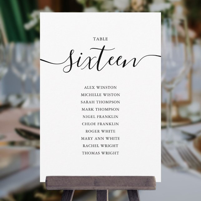 Elegant Black Script Table Number 16 Seating Chart (Creator Uploaded)