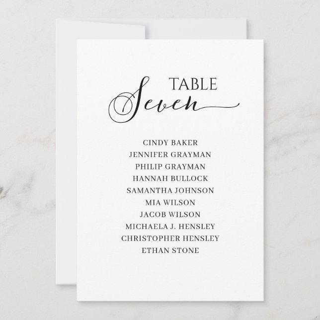 Elegant Black Script Table Number 7 Seating Chart (Front)