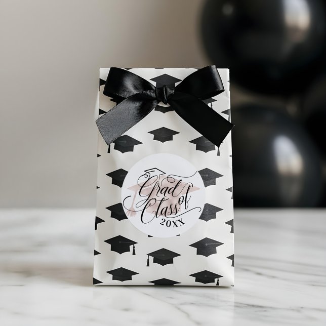 Elegant Black Script Typographic Pink Grad Cap Classic Round Sticker (Elegant Black Script Typographic Pink Grad Cap Classic Round Sticker)