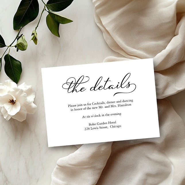 Elegant Black Script Wedding Details Card (Creator Uploaded)