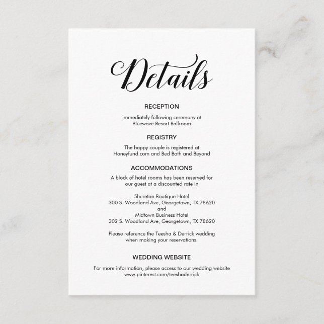 Elegant Black Script, Wedding Details Information Enclosure Card (Front)