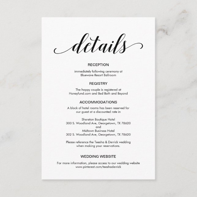 Elegant Black Script, Wedding Details Information Enclosure Card (Front)