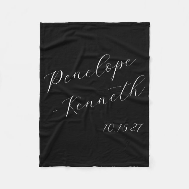 Elegant Black Script Wedding Personalised Couple Fleece Blanket (Front)