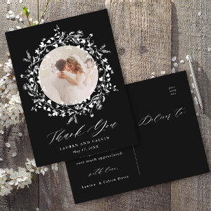 Elegant Black Script Wedding Photo Thank You Black Postcard
