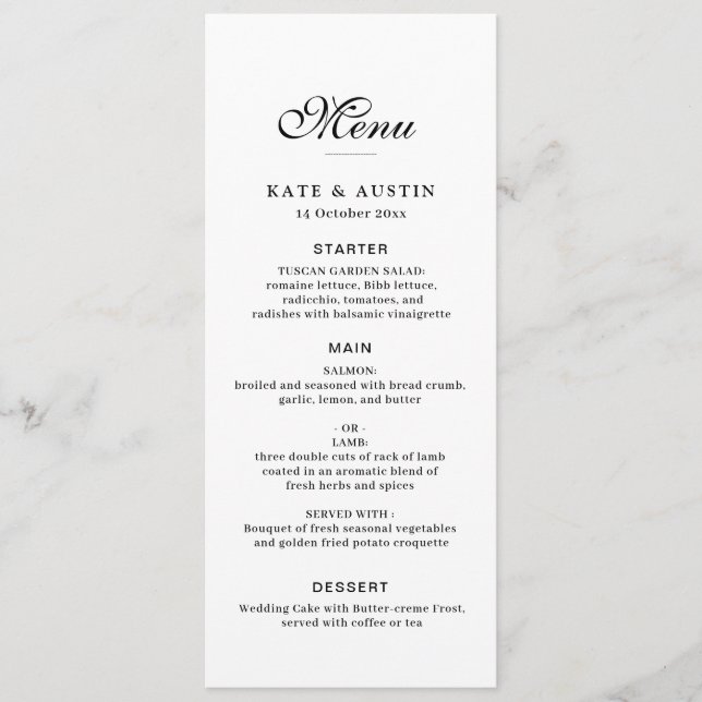 elegant black script white wedding menu card (Front)