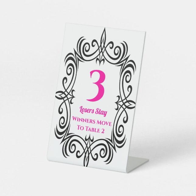 Elegant Black Scroll Bunco Table Three Card Pedestal Sign (Front)