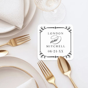 Elegant Black Scroll Frame Custom Wedding Monogram Square Paper Coaster