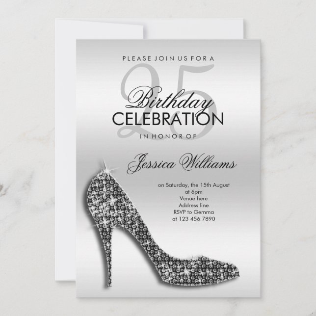 Elegant Black Sequin Stiletto, Silver Birthday Invitation (Front)