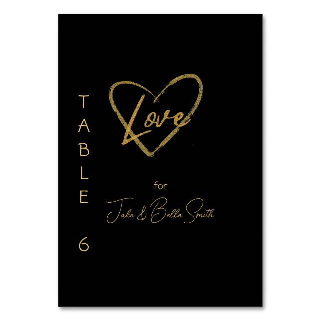 Elegant Black Shiny Love Heart Wedding Black 6 Table Number (Front)