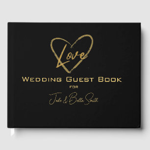 Elegant Black Shiny Love Heart Wedding Black Guest Book