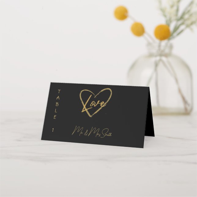 Elegant Black Shiny Love Heart Wedding Black Place Card (Front)