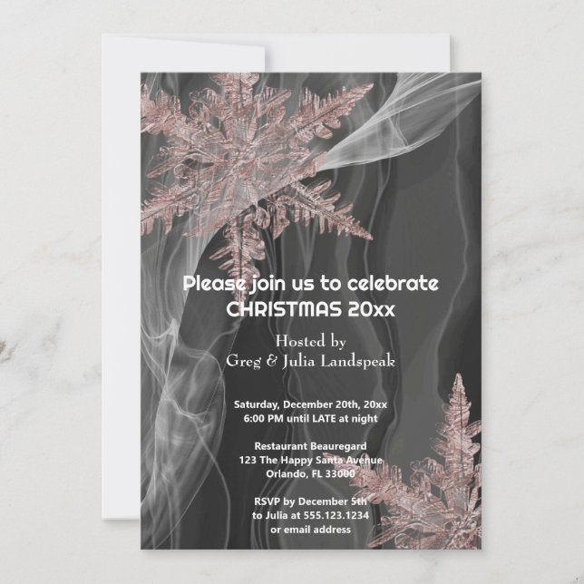 Elegant Black Silk & Copper Snowflakes Invitation (Front)