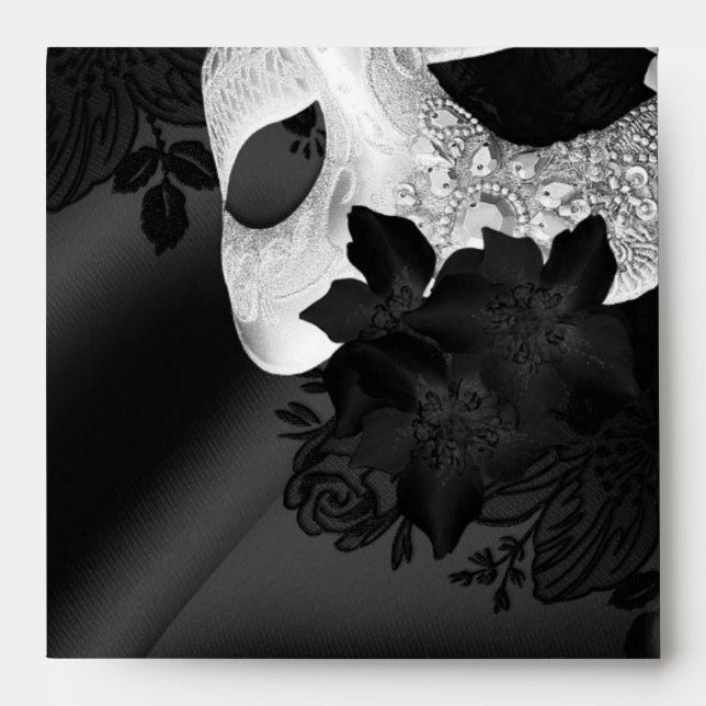 Elegant Black Silk Floral & Lace Masquerade Party Envelope (Front)