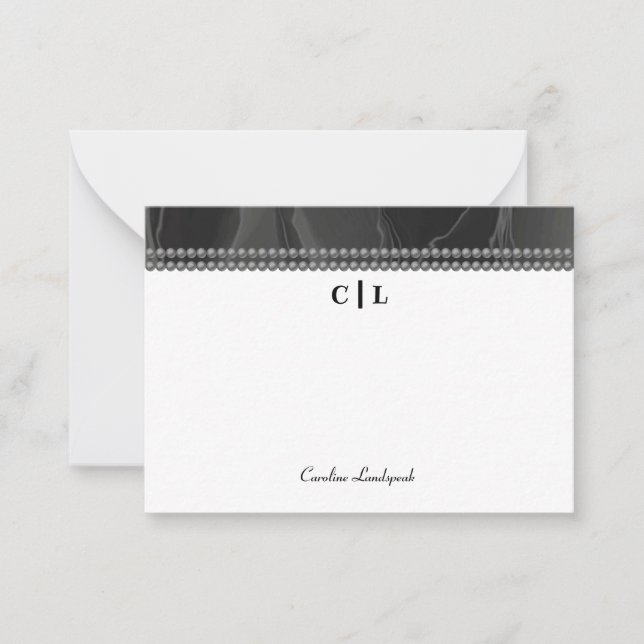 Elegant Black Silk Pearls Monogrammed Initials Card (Front)