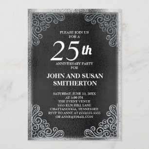 Elegant Black Silver 25th Wedding Anniversary Invitation