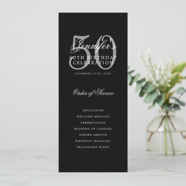 Elegant Black Silver 50th Birthday Program w/ Menu (Standing Front)