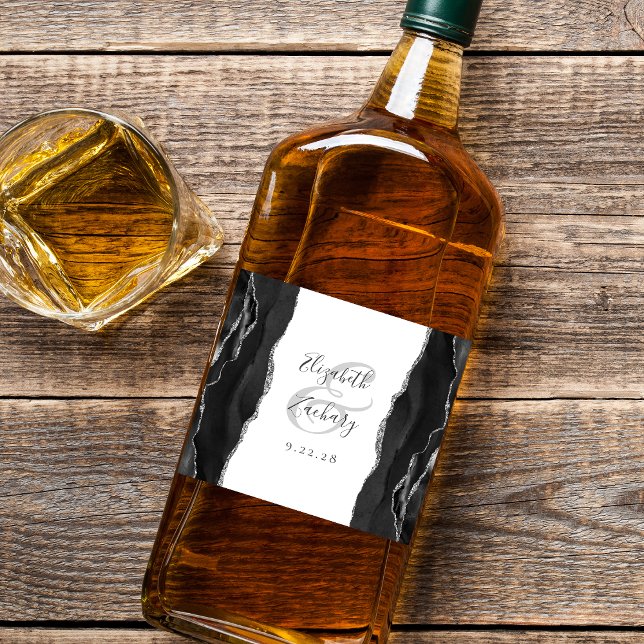 Elegant Black Silver Agate Wedding Liquor Bottle Label (Creator Uploaded)