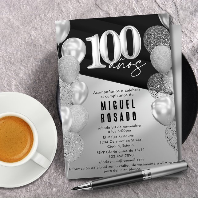 Elegant Black Silver Balloons 100th Birthday Party Invitation (Creator Uploaded)