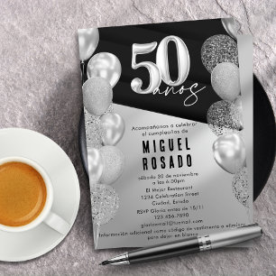 Elegant Black Silver Balloons 50th Birthday Party Invitation