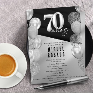 Elegant Black Silver Balloons 70th Birthday Party Invitation