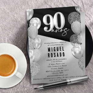 Elegant Black Silver Balloons 90th Birthday Party Invitation
