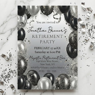 Elegant Black Silver Balloons Retirement Party Invitation