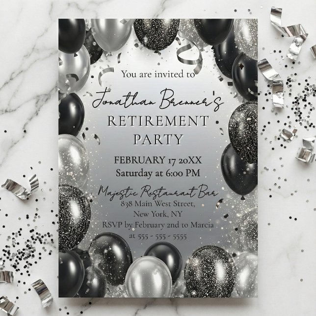 Elegant Black Silver Balloons Retirement Party Invitation (Creator Uploaded)