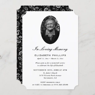Elegant Black Silver Botanical Photo Memorial Invitation