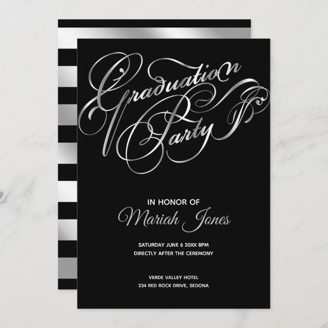 Elegant Black -Silver Calligraphy Graduation Party Invitation (Front/Back)