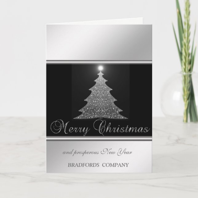 Elegant Black, Silver,  Christmas Tree, Company Holiday Card (Front)