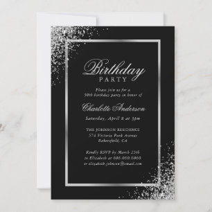 Elegant Black Silver Confetti Birthday Party Invitation