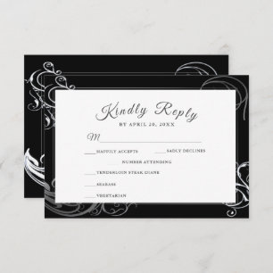 Elegant Black Silver Curls Wedding Dinner Choice RSVP Card
