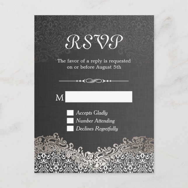 Elegant Black Silver Damask RSVP Reply Card (Front)
