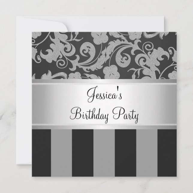 Elegant Black Silver Damask Stripe All Events Invitation (Front)