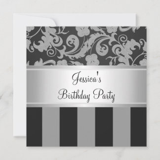 Elegant Black Silver Damask Stripe All Events Invitation