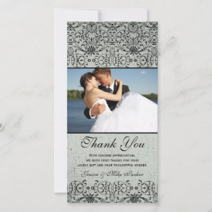 Elegant black silver damask wedding thank you card