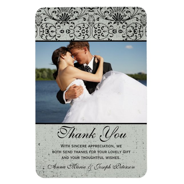 Elegant black silver damask wedding thank you magnet (Vertical)