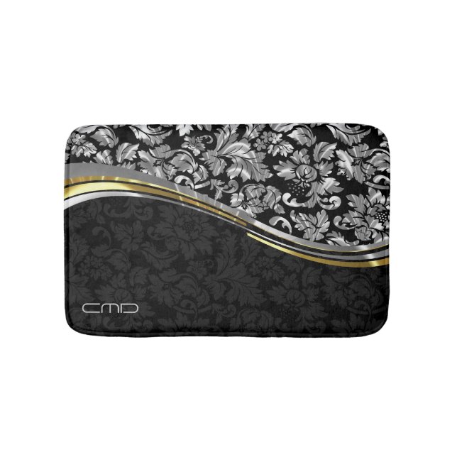 Elegant Black & Silver Damasks Gold Accents Bath Mat (Front)